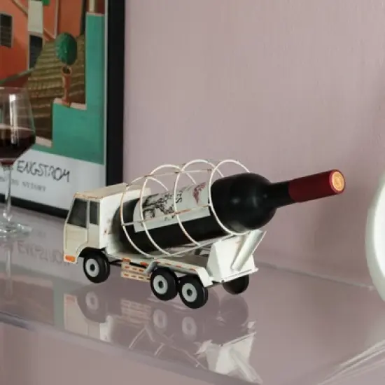 Vintiquewise Decorative Rustic Metal White Single Bottle Cement Truck Wine Holder for Tabletop or Countertop image {2}