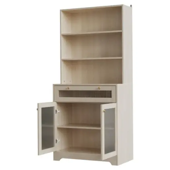 Kitchen Pantry Cabinet, 62-Inch Freestanding Storage Cupboard with 5-Tier Shelf, Drawer,2 Glass Doors & Adjustable Shelves image {1}