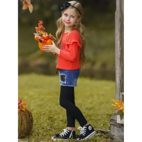 Girls Hello Pumpkin Top, Patched Denim Shorts & Legging Set Mia Belle Girls, Orange, 2T image {5}