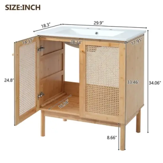 LOVSON 30''bathroom vanity crafted from natural materials, featuring handmade rattan doors and soft-closing mechanisms image {2}