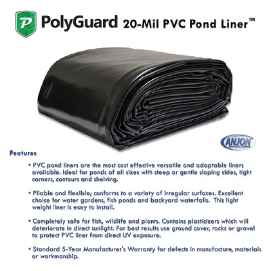 PolyGuard 20 x 20 Foot 20 Mil Flexible PVC Pond Liner for Backyard Fish Ponds, Waterfalls, and Water Gardens, Withstands Extreme Hot and Cold image {1}