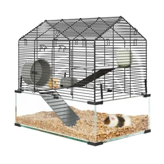 GustoWave Large Hamster Cage with Deep Tempered Glass Bottom, 3 Tiers Hamster Tank with Running Wheel, Hut, Dish, Rat Cage for Small Animal image {2}