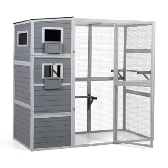 DOMETOUR Large Wooden Cat Enclosure with Waterproof Roof and Platforms Gray image {4}
