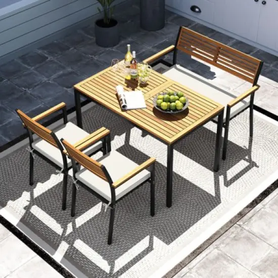 Costway 4 PCS Patio Furniture Set with Acacia Wood & Metal Frame Umbrella 1 table image {10}
