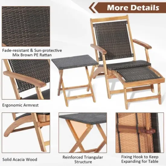 Costway 4PCS Patio Rattan Folding Lounge Chair Table Acacia Wood withRetractable Footrest image {8}