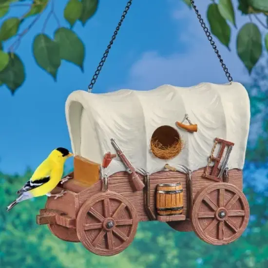 Collections Etc Hand-Painted Covered Wagon Hanging Birdhouse Brown image {1}