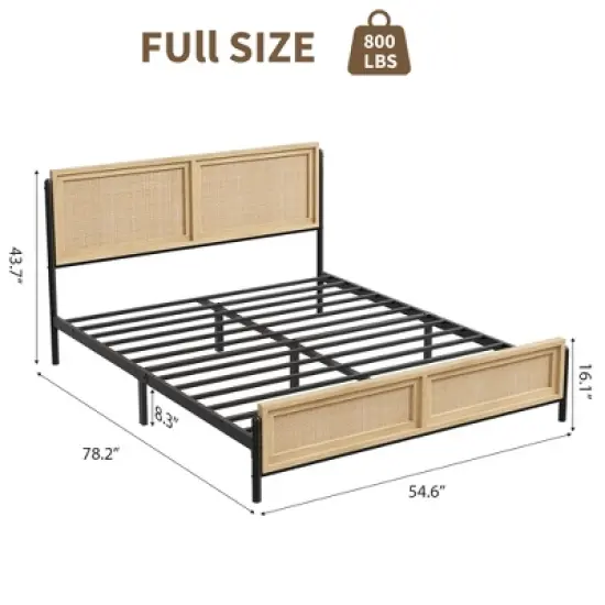 Garvee Bed Frame with Natural Rattan Headboard and Footboard, Wooden Platform No Box Spring Needed, Noise-Free Metal Bedframe image {1}
