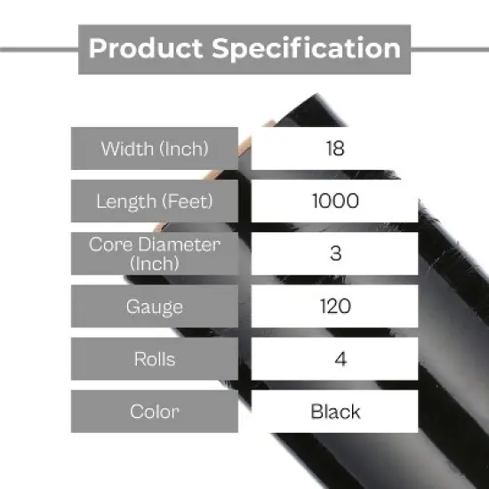 PSBM 4 Rolls Dark Black 18" x 1000 Ft. 120 Gauge Cast Hand Pallet Stretch Wrap image {2}