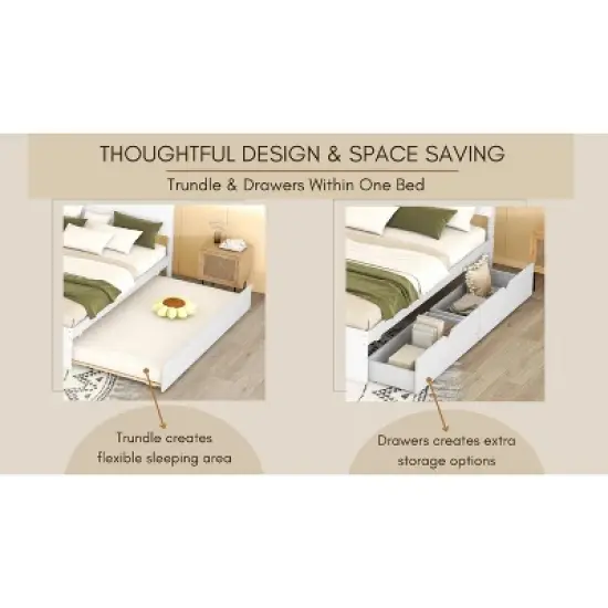 Okak Platform Bed Frame with Twin Trundle Modern Bed with High Gloss Headboard Strong Wood Slats No Springs Required Easy to Assemble image {3}