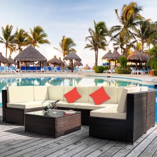 7pc Wicker Patio Sofa Set with Cushions - Brown/Beige - GODEER image {1}