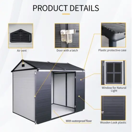 96.00"8 x 6ft Resin Outdoor Storage Shed Waterproof Shed with Floor & Two Windows & Lockable Door, Tool Shed for Garden,Black image {5}