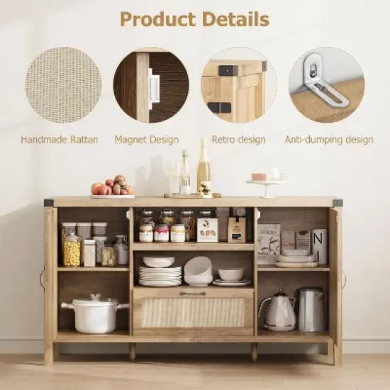 Jojoka Rattan Sideboard Buffet Cabinet,Farmhouse Kitchen Storage Cabinet,Boho Buffet Table Wooden Coffee Bar Cabinet,Brown image {2}
