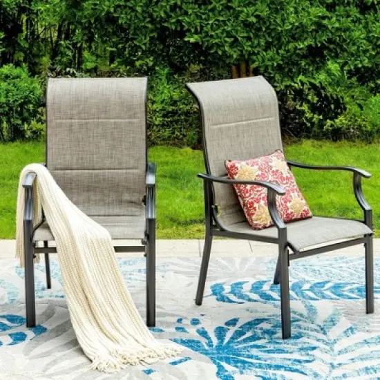 Captiva Designs 7pc Patio Dining Rectangular Black Steel Table & High Back Padded Grayish Brown Sling Armrest Chairs image {6}