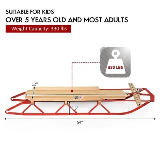 Costway 54''Kids Wooden Snow Sled Runners Steering Bar Steering Snow Slider image {8}