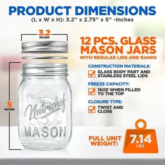 NutriChef 12 Pcs. Glass Mason Jars with Regular Lids and Bands, DIY Magnetic Spice Jars, Ideal for Meal Prep, Jam, Honey, Wedding Favors, and more image {1}