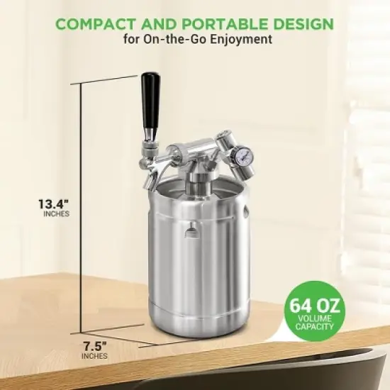 NutriChef 64 oz. Homebrew Mini Keg System with CO2 Dispenser - Stainless Steel image {1}
