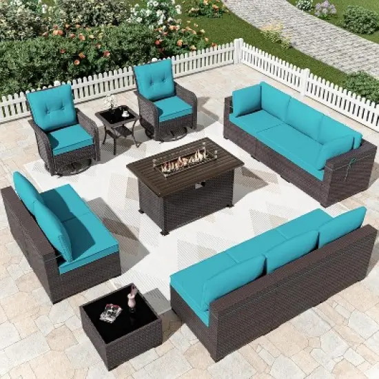 ALAULM 13PCS Outdoor Patio Furniture Set,Rattan Sectional Sofa Patio Conversation Sets with Gas Propane Fire Pit Table image {9}