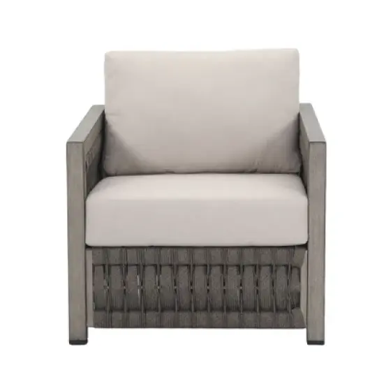 COWLOWN Modern Aluminum Outdoor Single Sofa, Woven Rattan & Webbing Lounge Chair with Cushions, Weather-Resistant Patio Seating image {5}