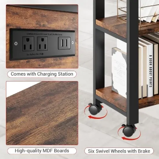 GustoWave 360&deg; Rotating Side Table with Charging Station and Extra Storage Pocket and 6 Swivel Casters with Brakes for Bedroom and Living Room image {3}