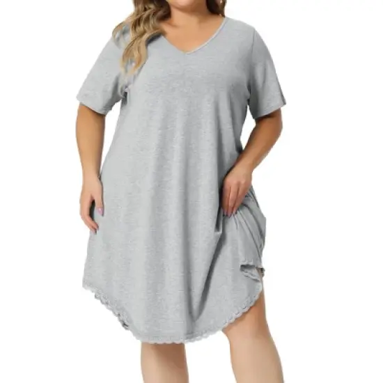 Agnes Orinda Women's Plus Size V Neck Short Sleeve Lace Trim Hem Nightgown image {6}