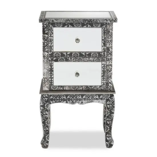 Wycliff Metal and Mirrored Glass 2 Drawer Nightstand Dark Gray/Silver - Baxton Studio image {3}