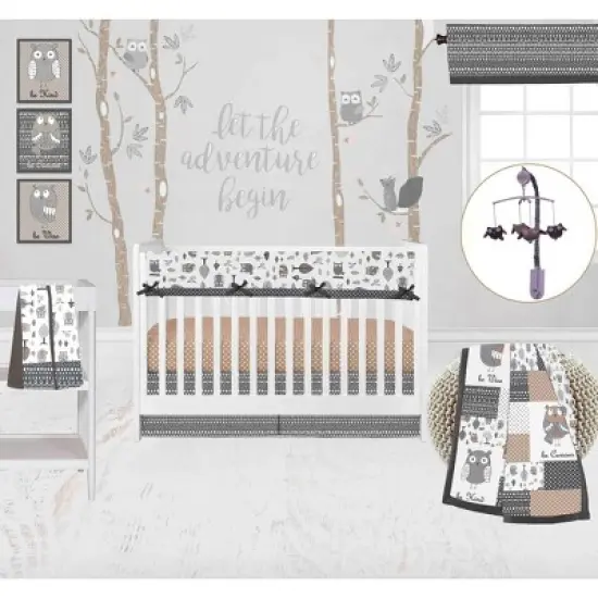 Bacati - Owls Gray/Beige Neutral Cotton Long Crib Rail Guard Cover image {7}