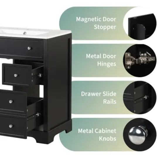 30" Bathroom Vanity with Ceramic Sink Top, Bathroom Storage Cabinet with Door & 2 Drawers, Solid Wood & MDF - ModernLuxe image {5}