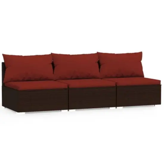 vidaXL Brown Patio Furniture Poly Rattan - Red Cushions - 3 Seats image {8}