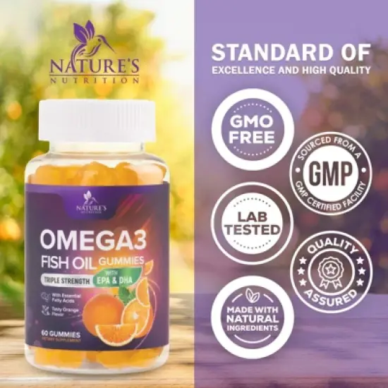 Omega-3 Gummies, Fish Oil Gummies for Adults & Kids, Vitamins, EPA & DHA Fish Oil Fatty Acids Gummy Supplement - 60 Gummies By Nature's Nutrition image {2}