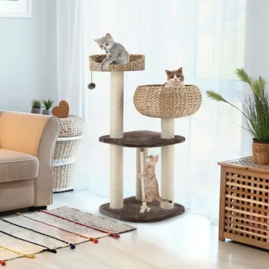 Costway 41'' Hand-Made Cat Tree Tower Natural Bowl Shaped w/ 2 Perch image {3}