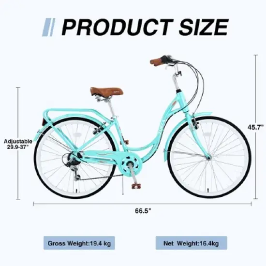 NAYSAYE Bicycle 7 Speed Steel Frame Ladies Bike for Commuting and Leisure for Active Women, Green, 66.5"*45.7"*22.05" image {4}