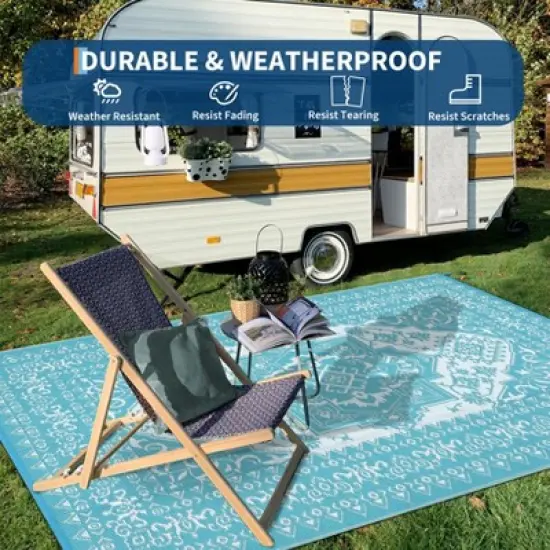 Outdoor Plastic Straw Rug 8x10 Outdoor Rug Waterproof Reversible Large Vintage Medallion Patio Rugs Portable image {6}