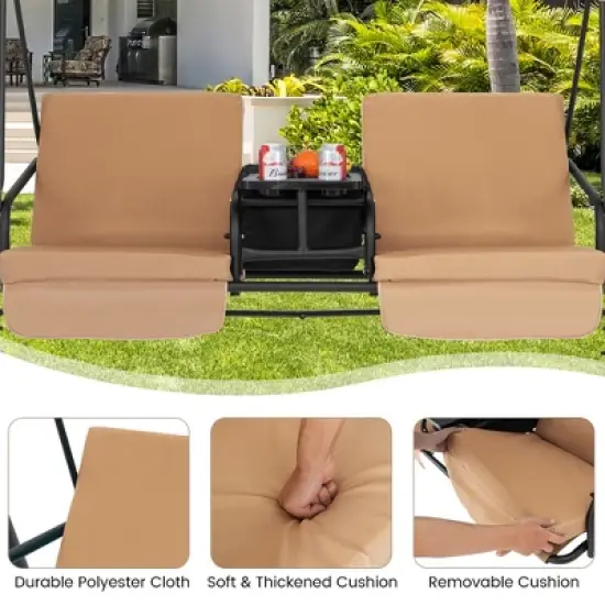 Costway 2-Person Canopy Porch Swing Padded Chair Cooler Bag Rotatable Tray Turquoise\Beige\Black image {9}