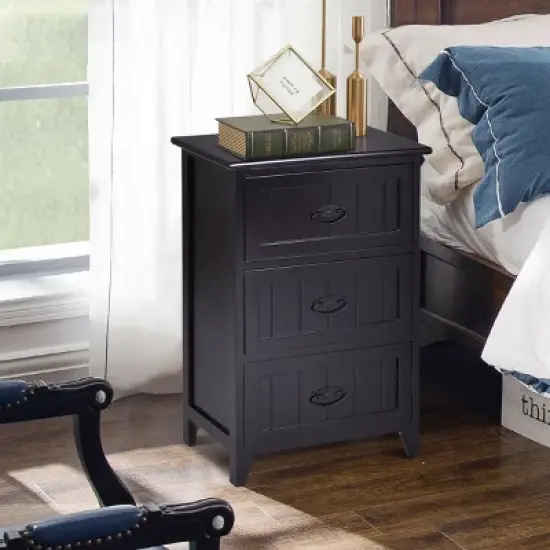 Tangkula 3 Drawers Nightstand End Table Storage Wood Side Bedside Black image {1}
