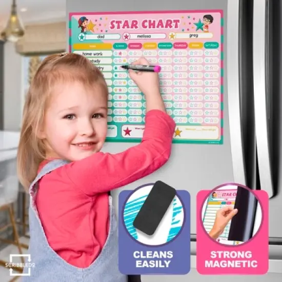 SCRIBBLEDO Magnetic Reward Chart for Kids 13"x17" Blank Dry Erase Magnet with 6 Markers & Eraser image {2}