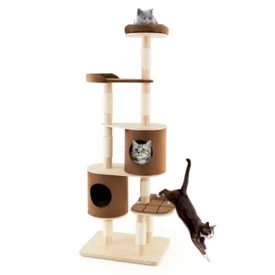 Costway 75'' Multi-layer Wooden Cat Tree Indoor Tower Activity Play Center with 2 Condos image {10}