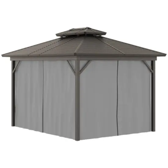 Outsunny 10' x 12' Metal Hardtop Gazebo with Mesh Sidewalls & Curtains, Double Roof Pavilion for Patio, Backyard, Deck, Porch, Gray image {3}