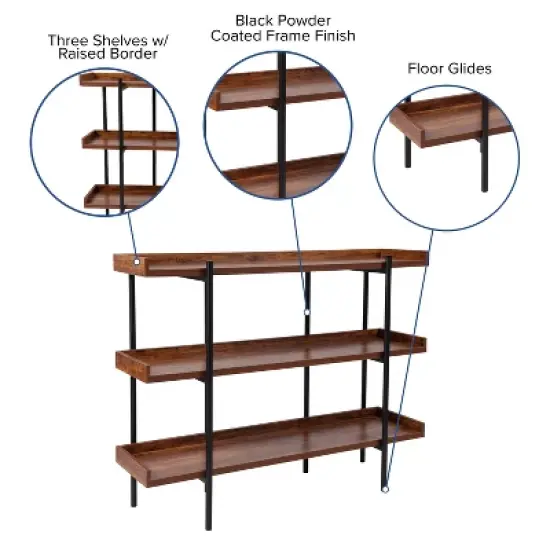 Flash Furniture Mayfair 3 Shelf 35"H Storage Display Unit Bookcase with Black Metal Frame in Rustic Wood Grain Finish image {2}