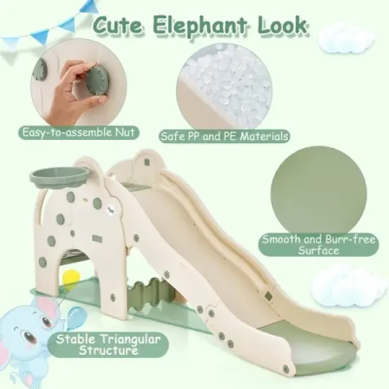 Costway 3-in-1 Toddler Slide with Buffer Zone Basketball Hoop & Ball Elephant Design image {4}