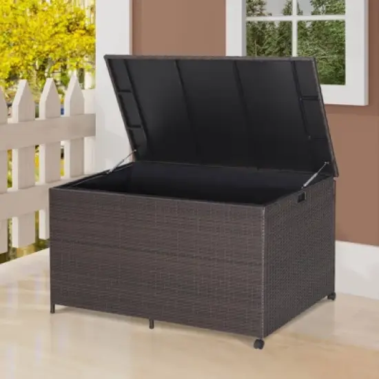 WELLFOR 133gal Outdoor Wicker Storage Box Container with Zippered Liner and 2 Wheels Brown image {3}