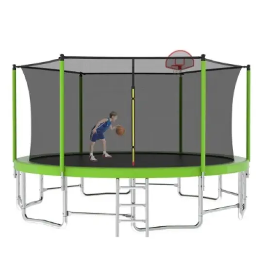 QingMoon 15FT Round Outdoor Backyard Trampoline With UV Safe Trampoline Enclosure Net,Basketball Hoop,Net,Basketball,Pump,Fun For Children image {7}