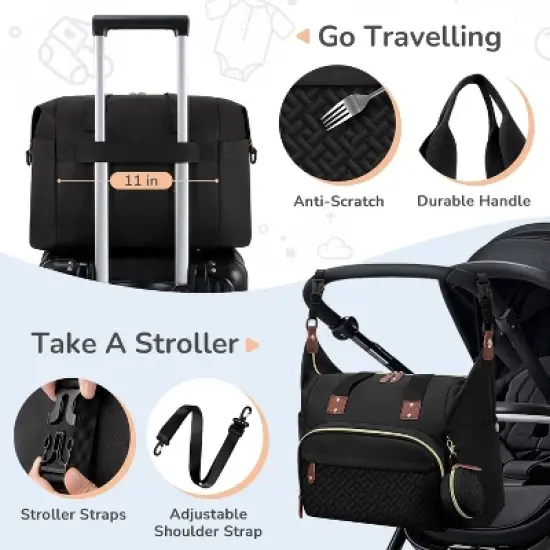 Itopfox Medium Black Diaper Tote Bag for Parents with Pacifier Case, 10 Pockets, Insulated Bottle Holders, Travel-Friendly image {1}