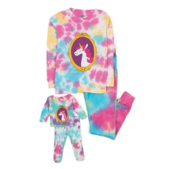 Leveret Girl and Doll Matching Cotton Tie Dye Unicorn Pajamas image {3}