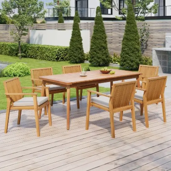 Christopher Knight Home Ahri Farmhouse 7 Piece Patio Acacia Wood Dining Set with Cushions image {1}