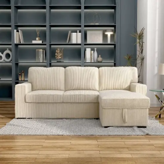 HOMES: Inside + Out Paeke Sleeper Sectional Sofa Corduroy with Storage Chaise and Reversible image {3}