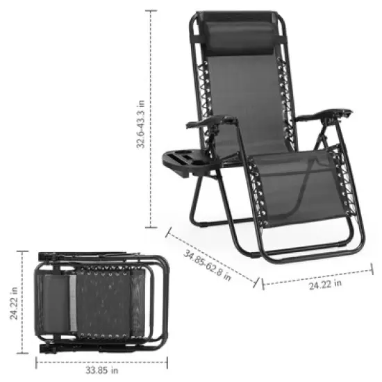 Set of 2 Zero Cravity Lounge Chairs,Outdoor Patio Folding Recliners for Pool Beach with Pillow and Cup Holder, Black image {5}