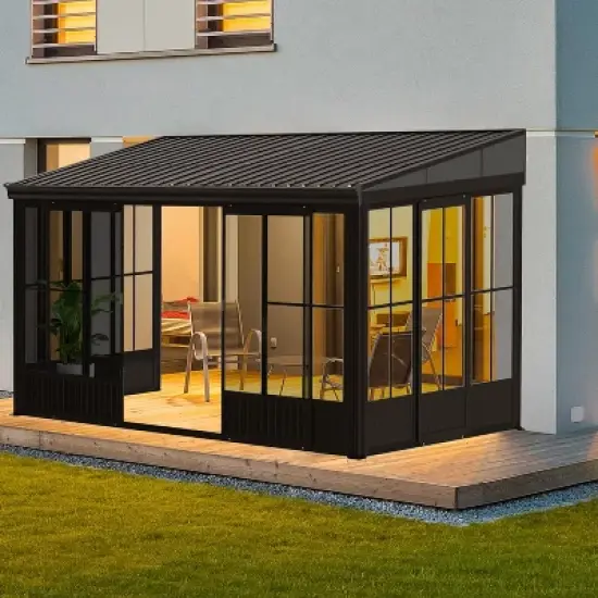 Mondawe 12x14FT Hardtop Wall Mounted Gazebo Lean to Gazebo with Sloping Galvanized Steel Roof, Aluminum Frame, Drainage System, Curtains and Netting image {1}