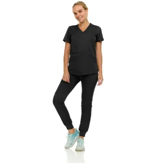 MediChic Scrubs for Women's V-Neck Scrub Set with Six Pocket Ribbed Cargo Jogger Pants with 4-Way Stretch image {2}