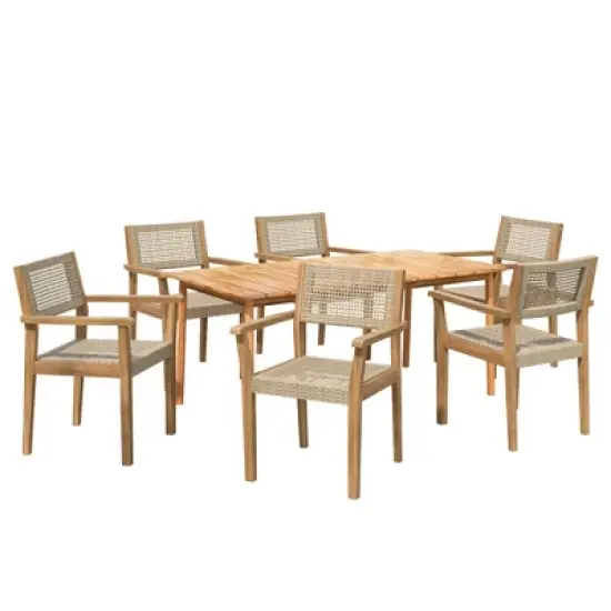 Christopher Knight Home Curtis 7 Piece Patio Rustic Slat Design Acacia Wood and Wicker Dining Set image {1}