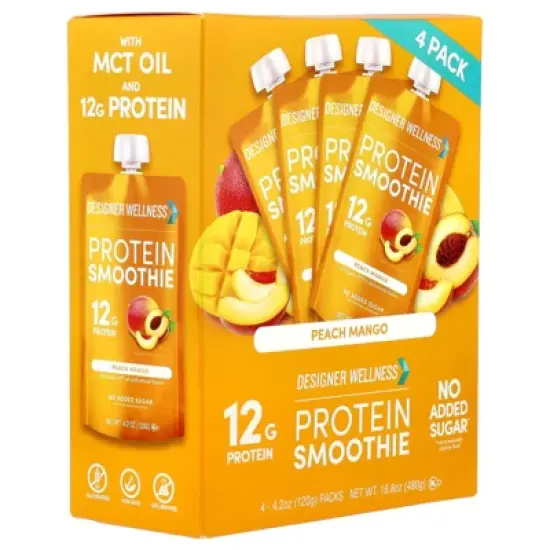 Designer Wellness Protein Smoothie, Peach Mango, 4 Packs, 4.2 oz (120 g) Each image {4}